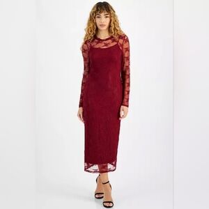 Bar III Burgundy Lace Midi Dress | Long Sleeve Sheer Overlay | Size L | NWT